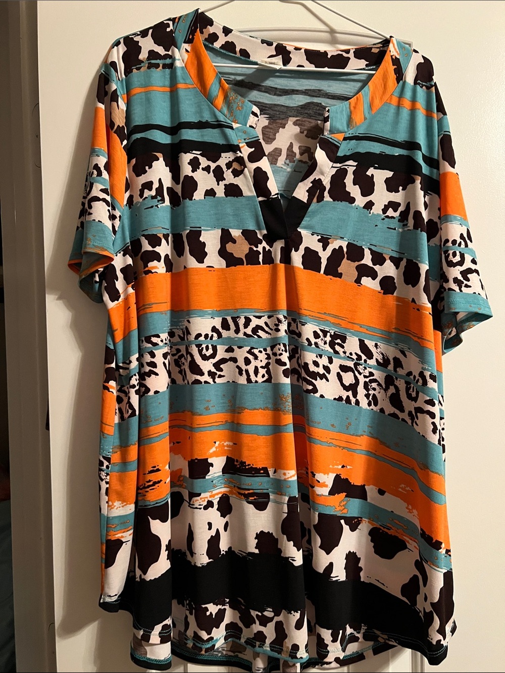 Sew In Love Teal, Orange & Black Short Sleeve V-Neck Tunic Top